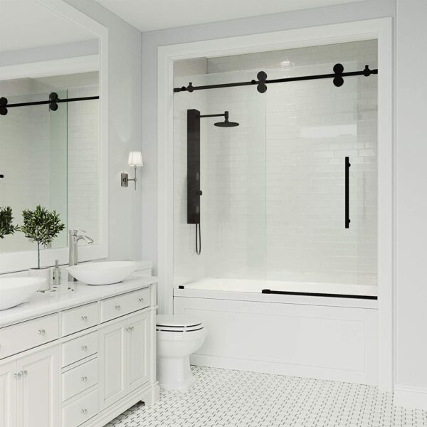 Frameless shower door on Bathtub (10mm) thick tempered glass 60"W x 58"H 4 Wheels - Image 1